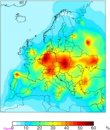 The fraction of present-day atmospheric mercury deposition in Europe from European anthropogenic sources, based on the GEOS-Chem global chemical transport model.  Graphic: E. Sunderland and N. Selin/Environmental Health