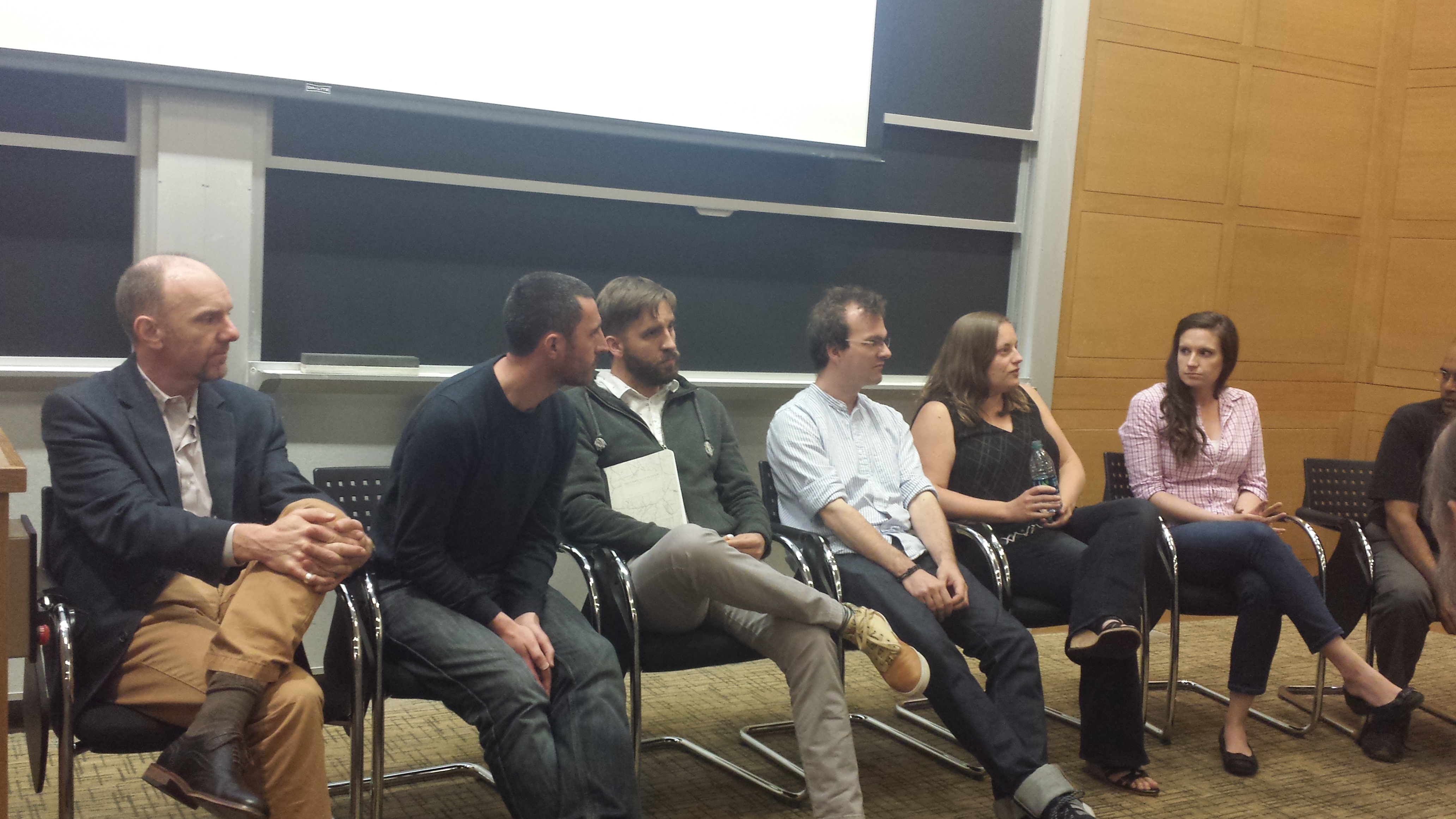 Researchers on panel 2 field questions. From left: Tom Haine, David Ferreira, Ryan Abernathy, Jon Lauderdale,  Nikki Lovenduski and Jordan Thomas (Photo: Lauren Hinkel)