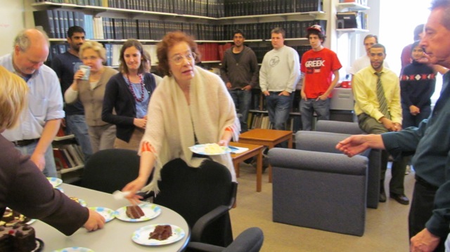 EAPS administrative staff as well as many members of PAOC shared cake at a small farewell party for Beth in the Charney Library Wednesday.