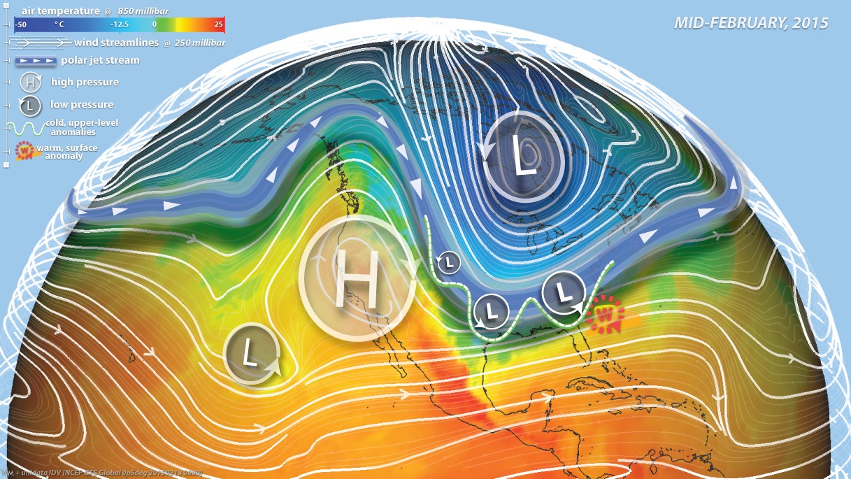 Fig. 1:  Typical flow patterns over the US during February 2015. The 250 mb streamlines (white lines) show the location of the jet at a height of 12km or so, with a split flow over the west coast and a trough over the continental US. The 850mb temperature (color shading) shows the warm west and the cold east at lower levels in the atmosphere, at a height of order 1.5km.  In the eastern US, upper level anomalies (marked with the L) travel southward and then eastward along the jet. They interact with the warm surface waters over the Gulf Stream (marked by the W) and develop into surface lows along the east coast. A succession of these lows was responsible for the very high snowfall accumulation over the North Eastern US. (Graphics by Bill McKenna, using IDV-Unidata)