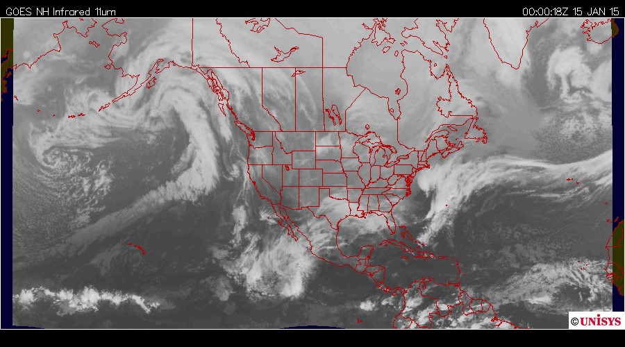 Fig. 2: The synoptic situation on January 15, 2015 at 00z: a) IR satellite image from GOES West satellite.