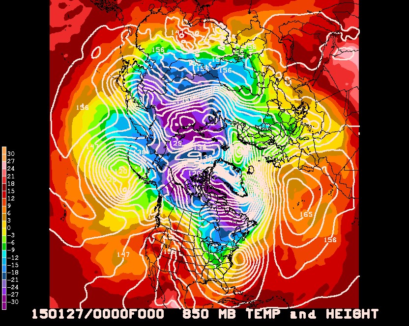 Fig 3:  The 850 mb temperature in ˚C on: a) January 27, 2015.