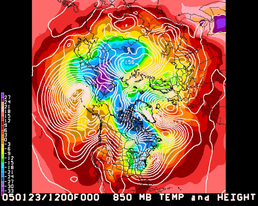 Fig 3:  The 850 mb temperature in ˚C on: b) January 23, 2005. On both occasions (Fig3.a and b) we observe a blocked flow over the US with warm to the west and cold to the east. Consequently, a strong snow storm develops over Boston in both years.