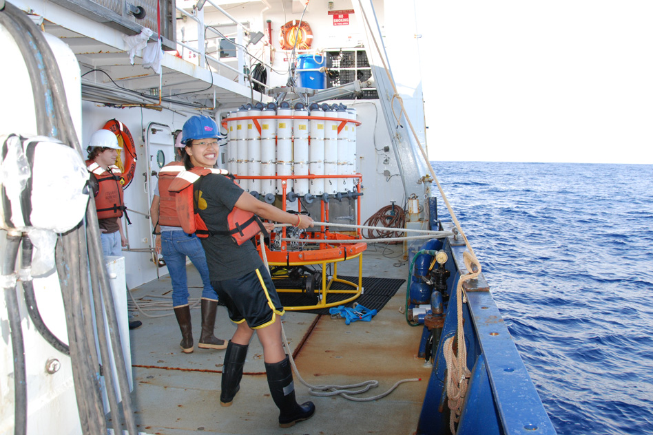 “The ocean has been the only true sink for anthropogenic emissions since the industrial revolution,” says MIT graduate student Sophie Chu, pictured here. “Right now, it stores about 1/4 to 1/3 of the anthropogenic emissions from the atmosphere. We’re expecting at some point the storage will slow down." (Photo: Zhaohui Aleck Wang/Woods Hole Oceanographic Institution)