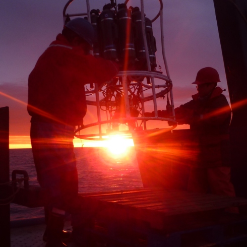 An working in the Chukchi Sea to the Arctic sunset/rise. Photo credit: Nikita Kusse-Tiuz of Arctic and Antarctic Research Institute in St. Petersburg.