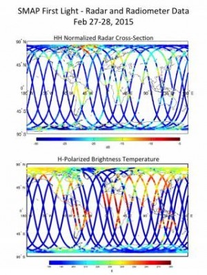 First image from a test of the radar instrument on NASA's Soil Moisture Active Passive (SMAP) satellite Feb. 27-28. Credit: NASA/JPL-Caltech/Goddard Space Flight Center