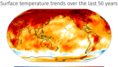 Ocean surface temperature trends over the last 50 years. While the Arctic warms rapidly, the Southern Ocean around Antarctica has not warmed much, if at all. (Image courtesy of the authors)